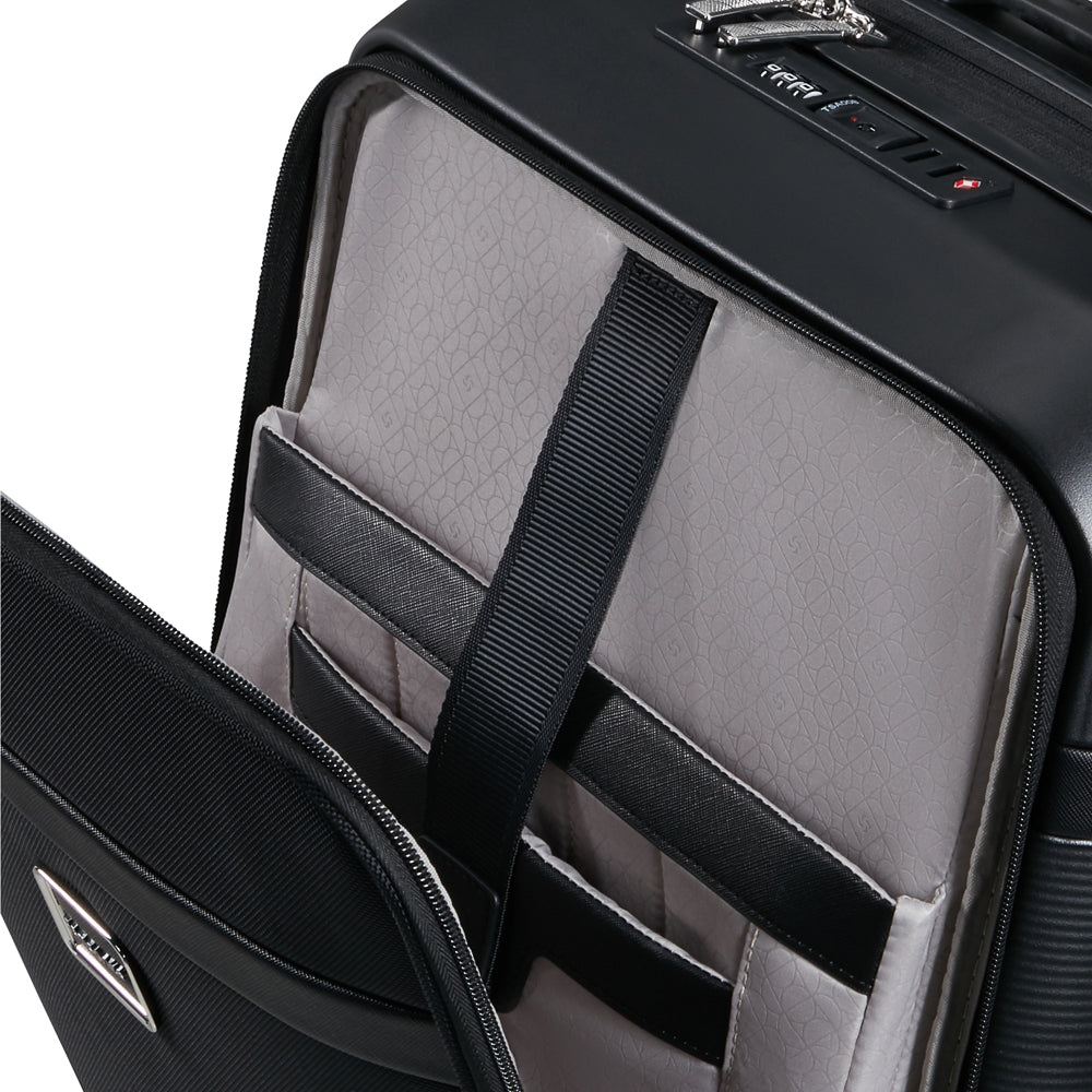 Samsonite 55cm black carry-on suitcase with front pocket, ideal cabin luggage for travel.