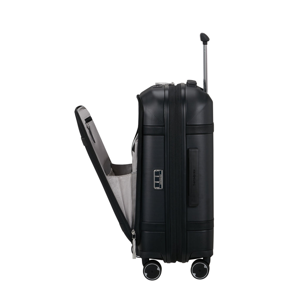 Samsonite 55cm black carry-on suitcase with front pocket, ideal cabin luggage for travel.