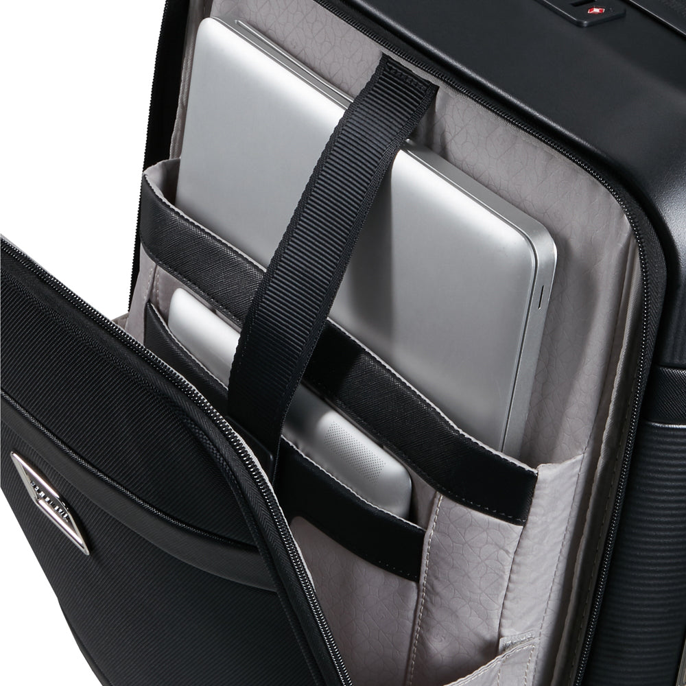Samsonite 55cm black carry-on suitcase with front pocket, showcasing durable design and compact size for travel.