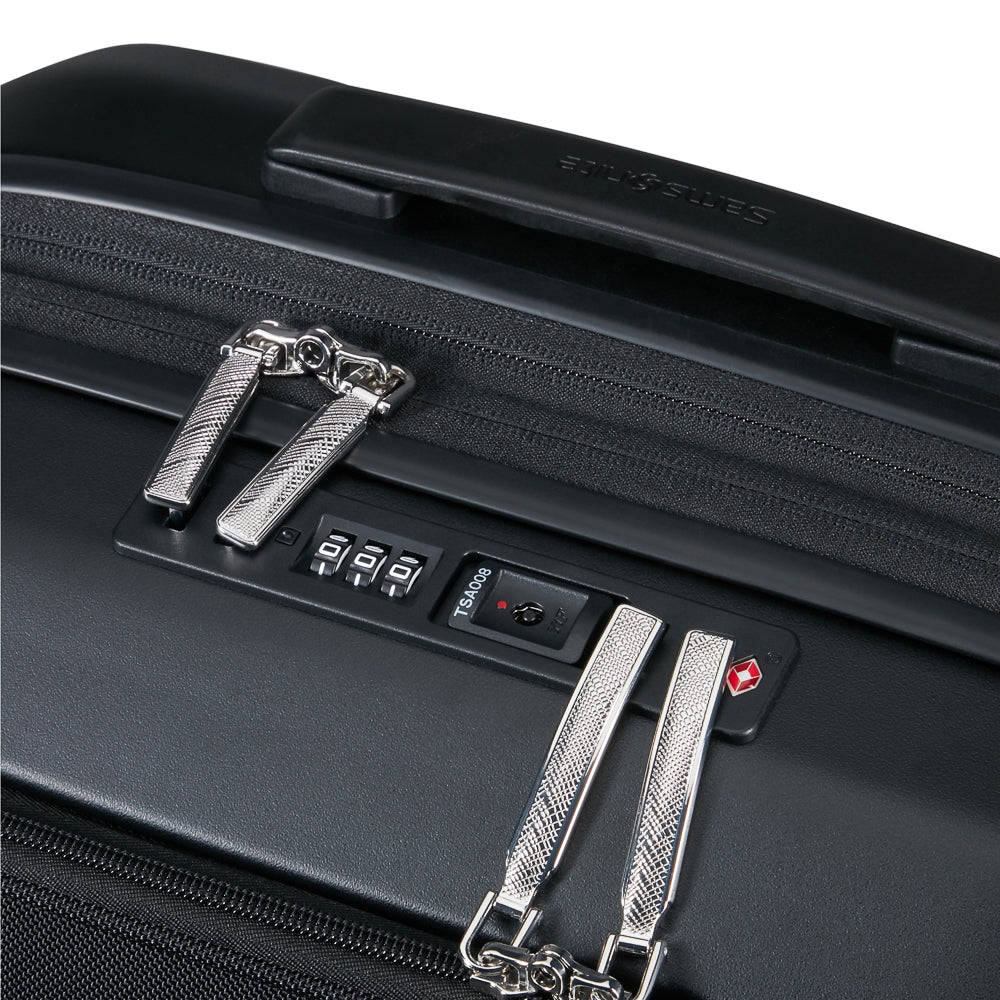 Black 55cm Samsonite Carry On suitcase with front pocket, ideal cabin luggage for travel.