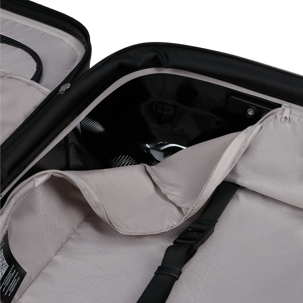 Samsonite 55cm black carry-on suitcase with front pocket, ideal cabin luggage for travel.