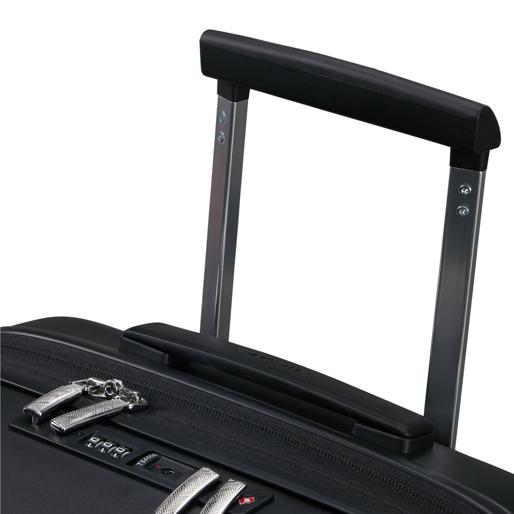 Samsonite 55cm black carry-on suitcase with front pocket, showcasing sturdy design and ample storage for travel essentials.