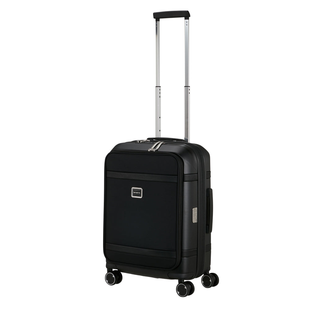 Samsonite 55cm black carry-on suitcase with front pocket, ideal cabin luggage for travel.
