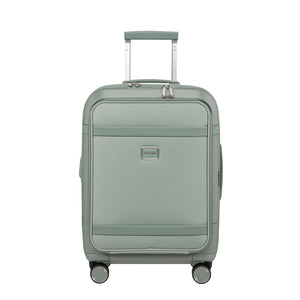 Samsonite 55cm carry-on suitcase in thyme green with front pocket, showcasing durable design and compact cabin luggage style.