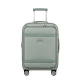 Samsonite 55cm carry-on suitcase in thyme green with front pocket, showcasing durable design and compact cabin luggage style.