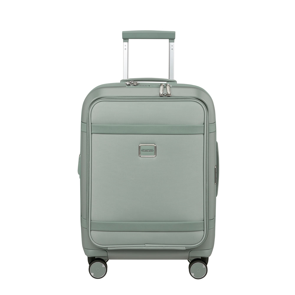 Samsonite 55cm carry-on suitcase in thyme green with front pocket, showcasing durable design and compact cabin luggage style.