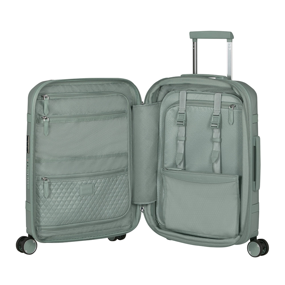 Samsonite 55cm carry-on suitcase in thyme green with a front pocket and smooth wheels, ideal for cabin luggage.