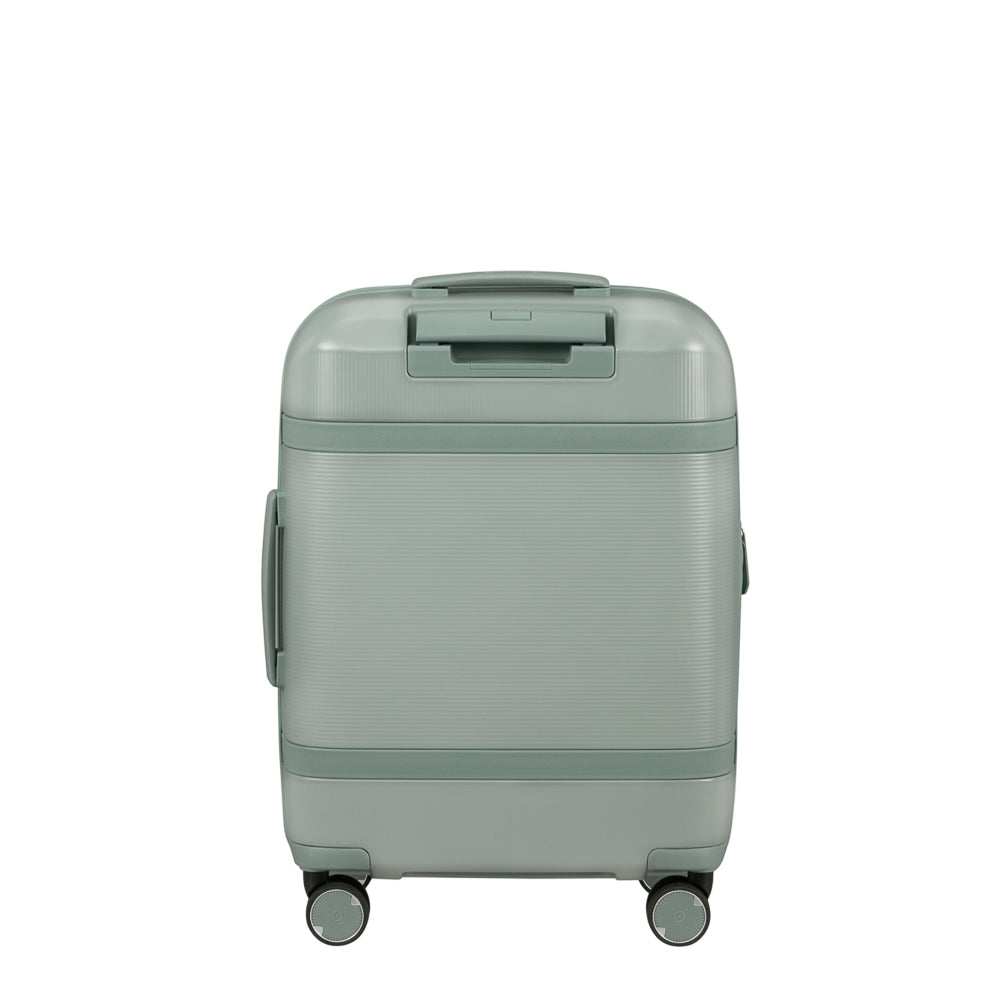 Samsonite 55cm carry on suitcase in thyme green with front pocket, showcasing durable design and spacious interior.