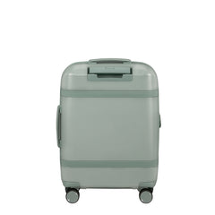 Samsonite 55cm carry on suitcase in thyme green with front pocket, showcasing durable design and spacious interior.