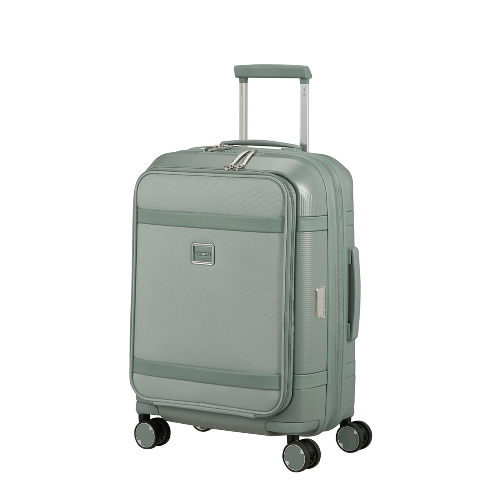55cm Samsonite carry-on suitcase with a front pocket in thyme green, showcasing its sleek design and durable material.