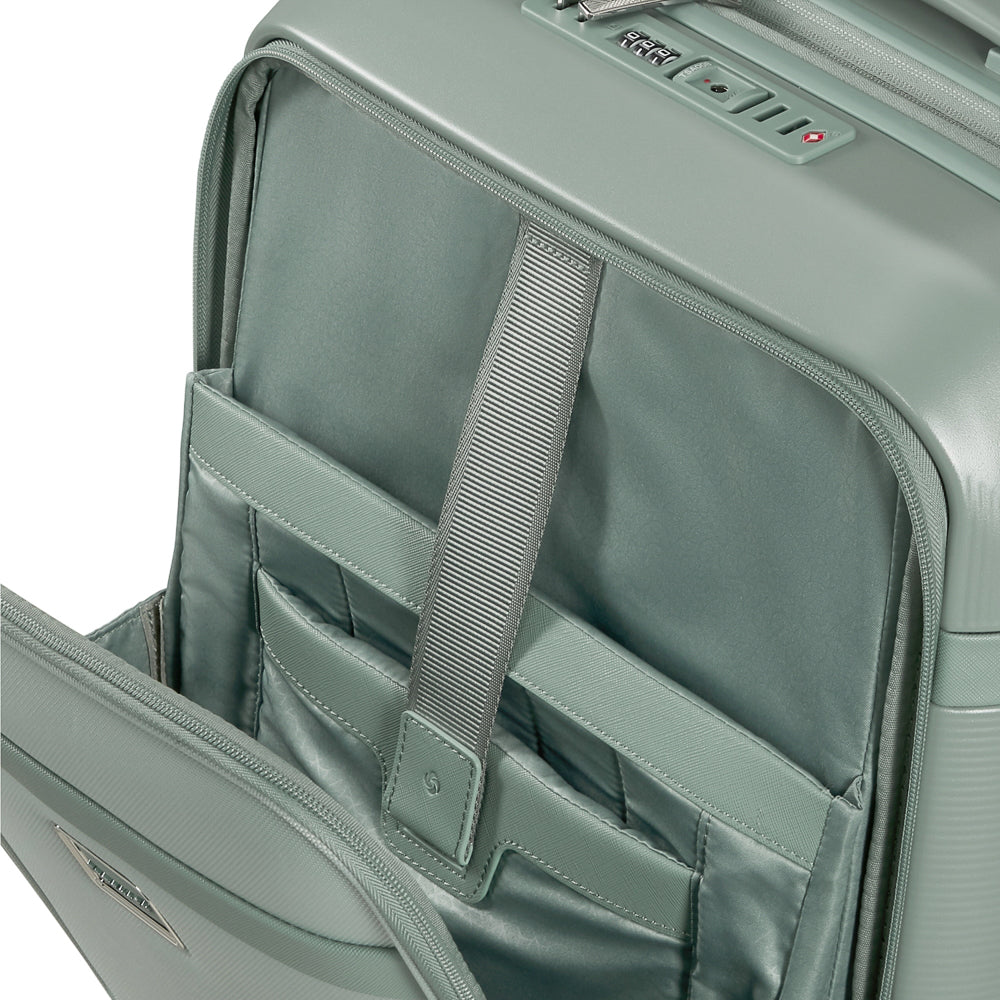 Samsonite 55cm carry-on suitcase with front pocket in thyme color, showcasing durable design and spacious interior.