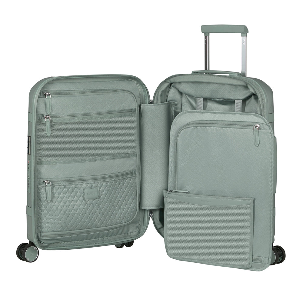 Thyme green Samsonite 55cm carry-on suitcase with front pocket and wheels, ideal for cabin luggage travel.
