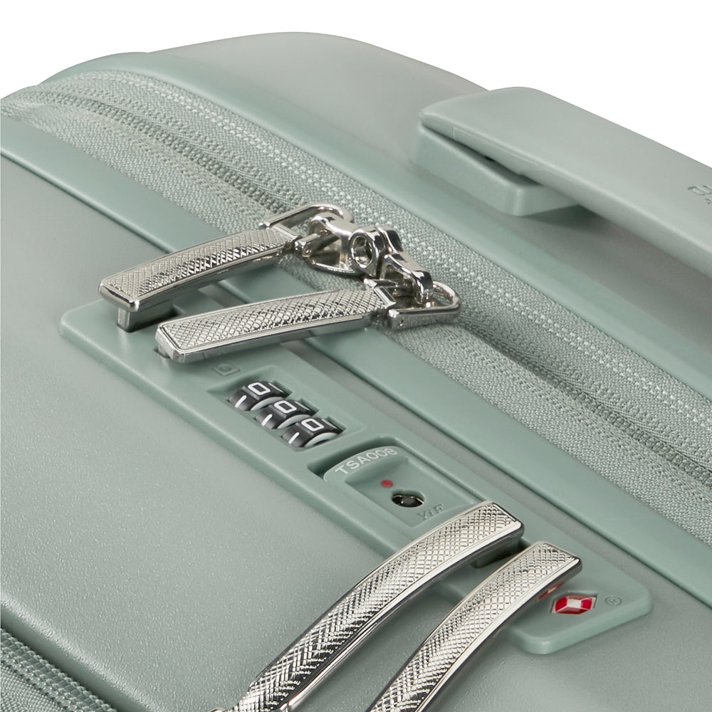 Samsonite 55cm carry on suitcase with front pocket in thyme color, showcasing durable design and spacious interior.