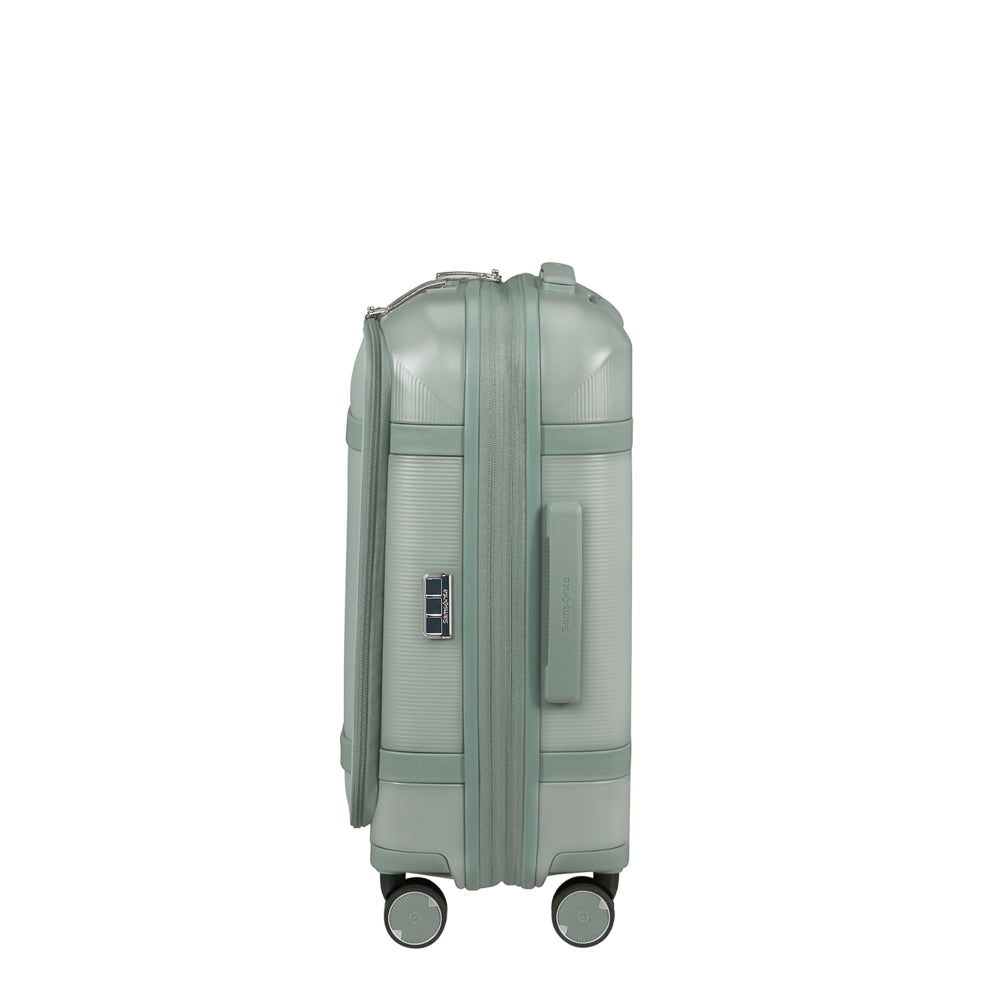 55cm Samsonite carry-on suitcase with front pocket in thyme color, showcasing a sleek design and durable material.