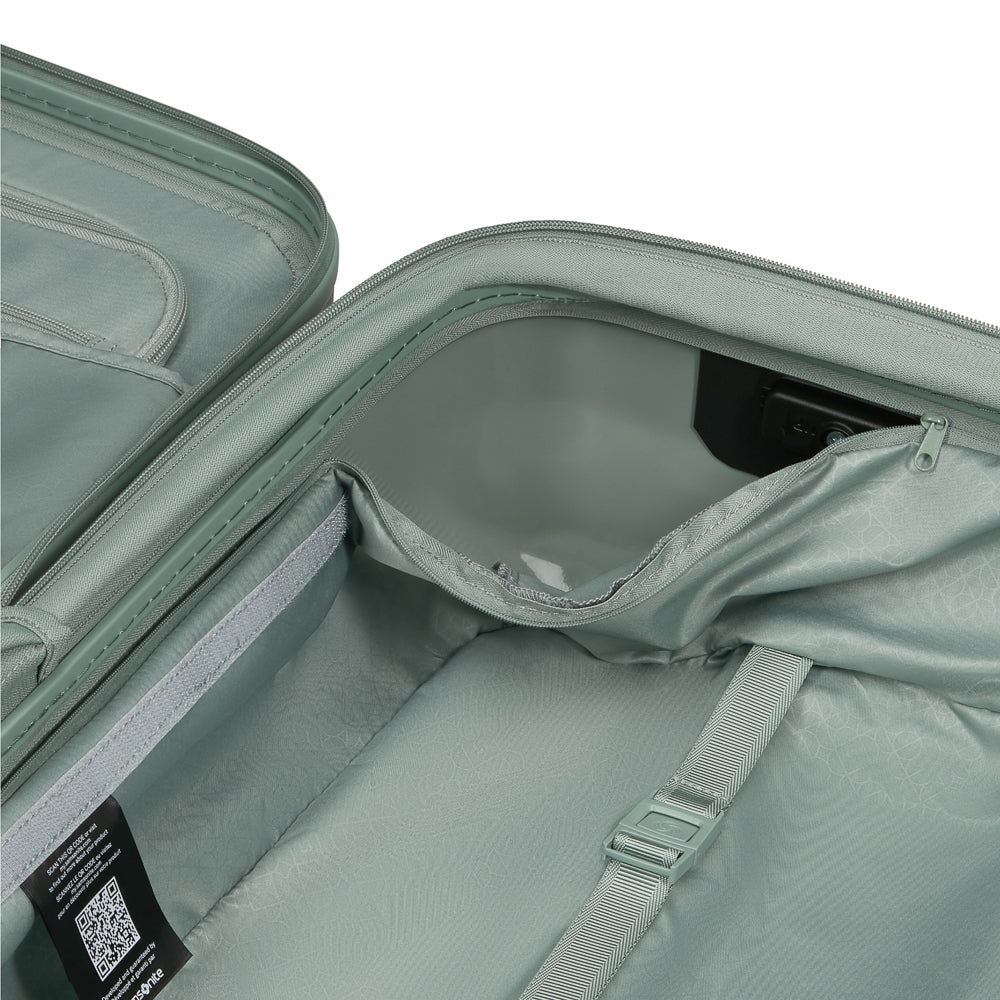 Samsonite 55cm carry-on suitcase with front pocket in thyme color, showcasing durable design and sleek silhouette.