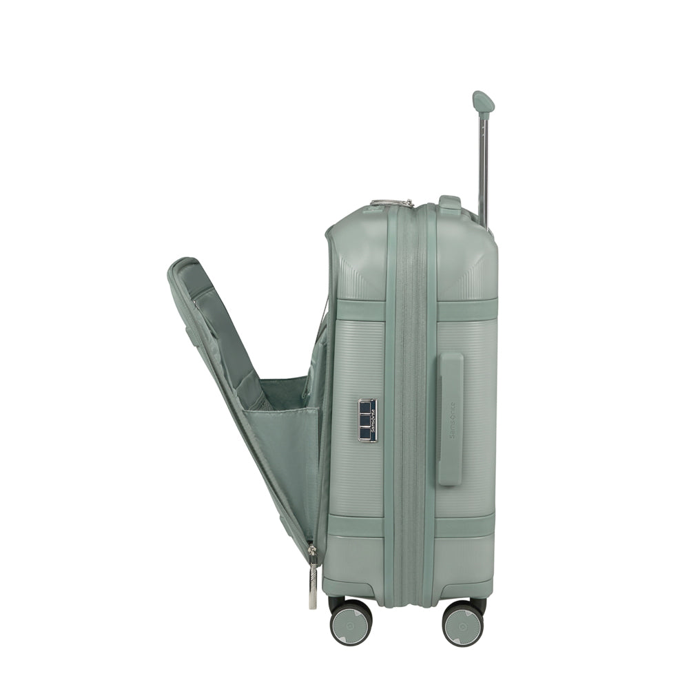 55cm Samsonite cabin luggage suitcase with front pocket in thyme color, showcasing its sleek design and durable material.