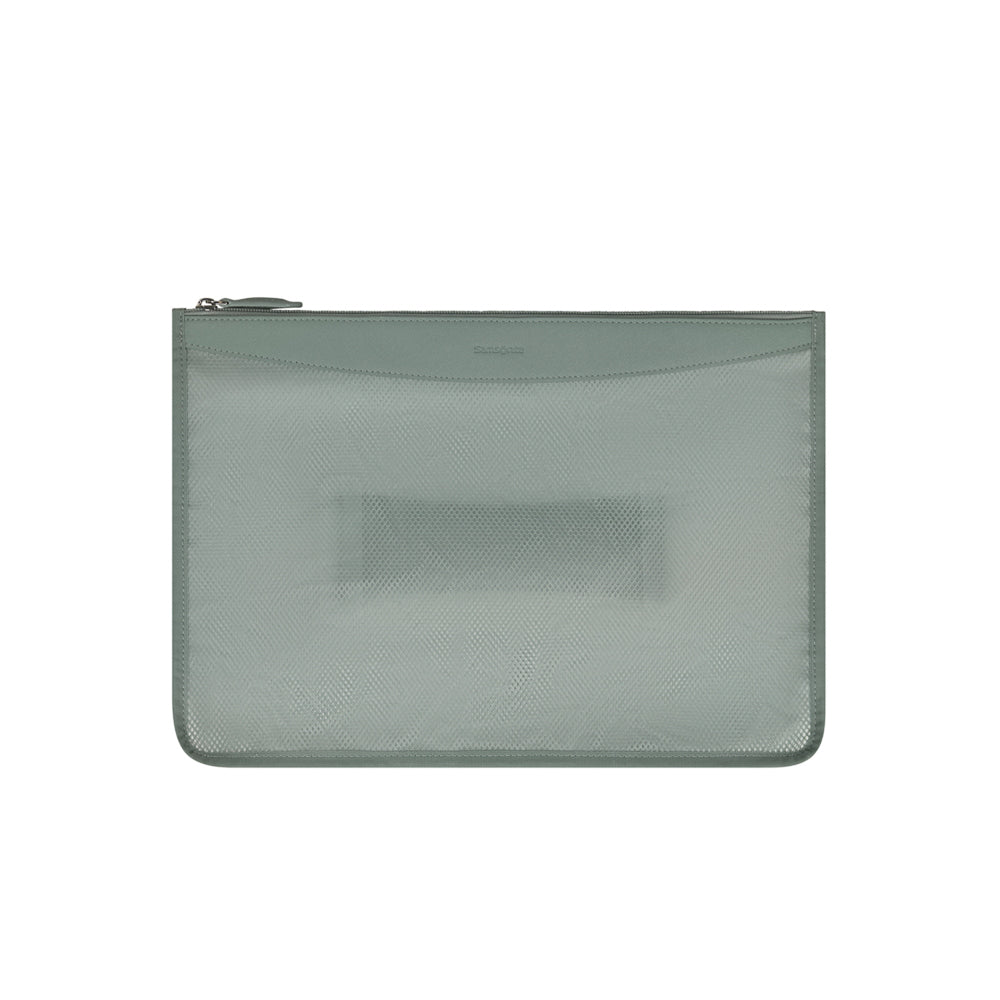 Samsonite 55cm carry-on suitcase with front pocket in thyme color, showcasing sleek design and spacious compartments.