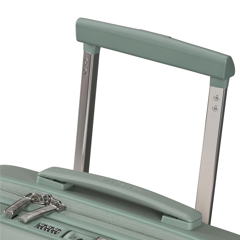 Samsonite 55cm carry on suitcase with front pocket in thyme color, showcasing durable design and spacious interior.