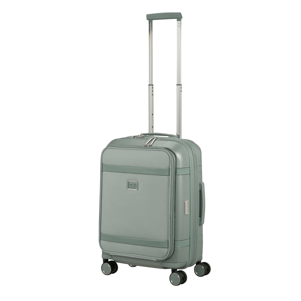 Samsonite 55cm carry-on suitcase in thyme green with front pocket and wheels, ideal for cabin luggage travel.