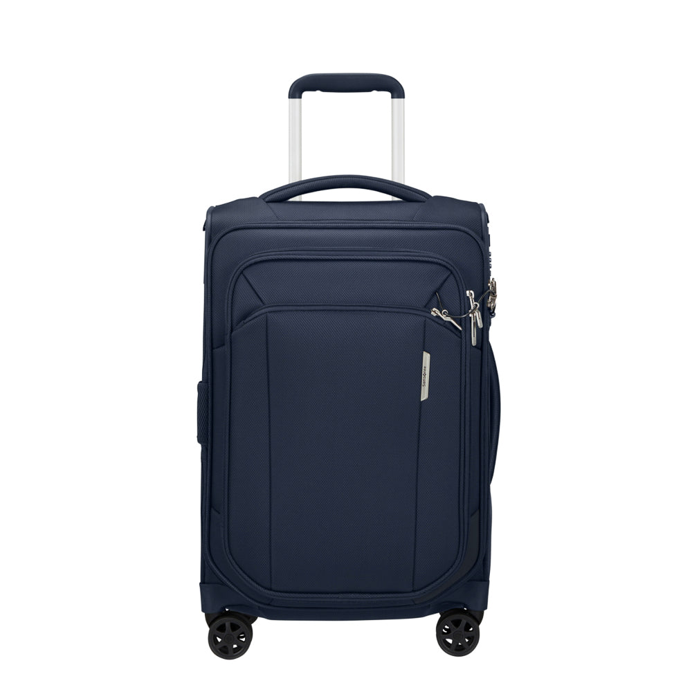 Midnight blue Samsonite 55cm Carry On Spinner Suitcase with four wheels and telescopic handle for cabin travel.