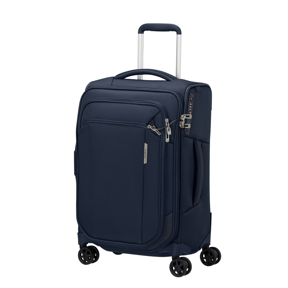 Midnight blue Samsonite Respark 55cm carry on spinner suitcase with smooth wheels and sturdy handle.