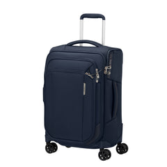 Midnight blue Samsonite Respark 55cm carry on spinner suitcase with smooth wheels and sturdy handle.