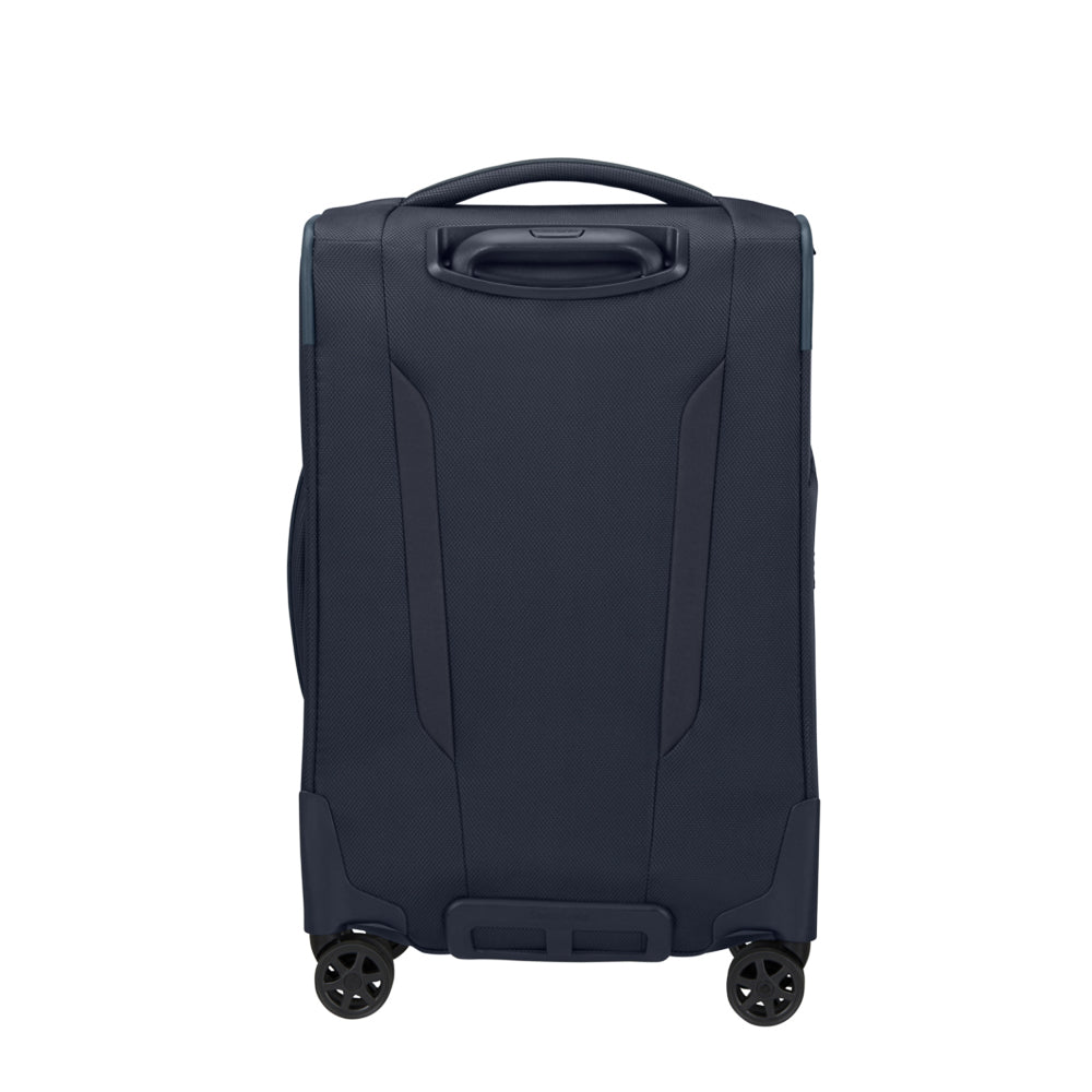 Midnight blue Samsonite Respark 55cm carry-on spinner suitcase with four wheels and a sleek design.