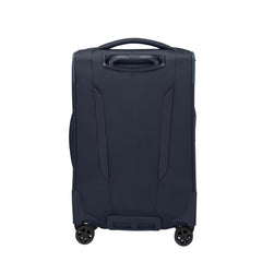 Midnight blue Samsonite Respark 55cm carry-on spinner suitcase with four wheels and a sleek design.