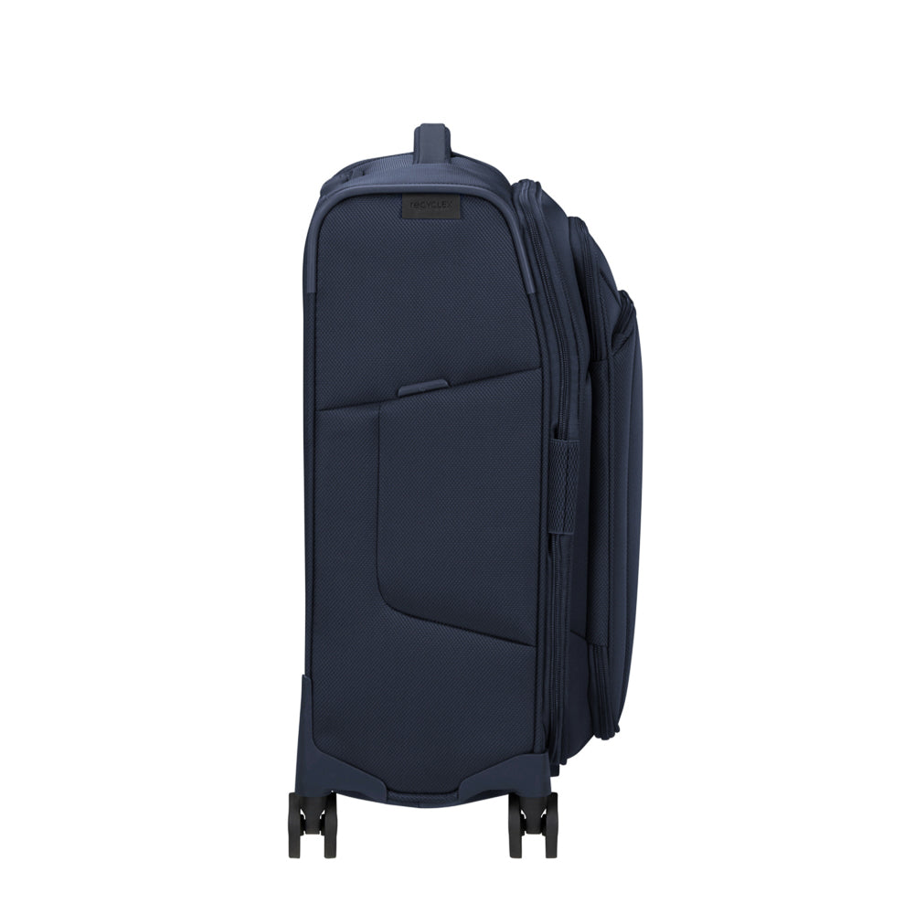 Midnight blue Samsonite 55cm carry-on spinner suitcase with four wheels and a sleek design.