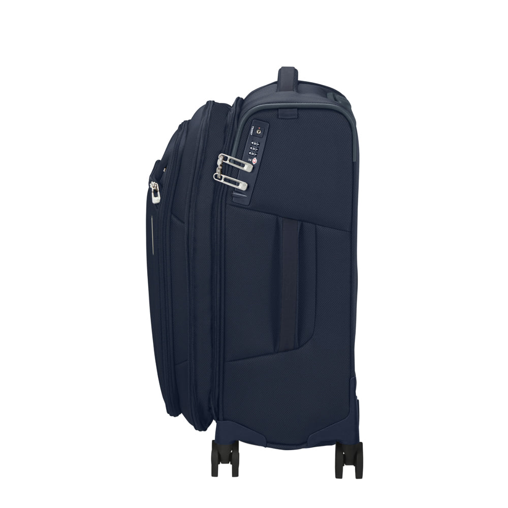 Midnight blue Samsonite 55cm carry-on spinner suitcase with four wheels and a spacious interior for cabin luggage.
