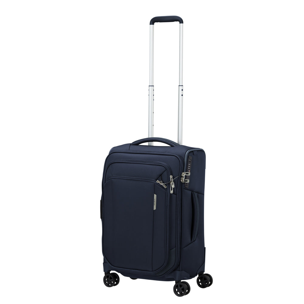 Midnight blue 55cm Respark carry-on spinner suitcase by Samsonite, featuring smooth wheels and a durable design.