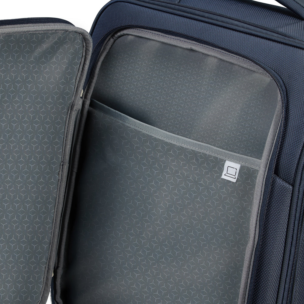 Midnight blue 55cm Samsonite Respark carry on spinner suitcase with smooth wheels and sturdy handle.