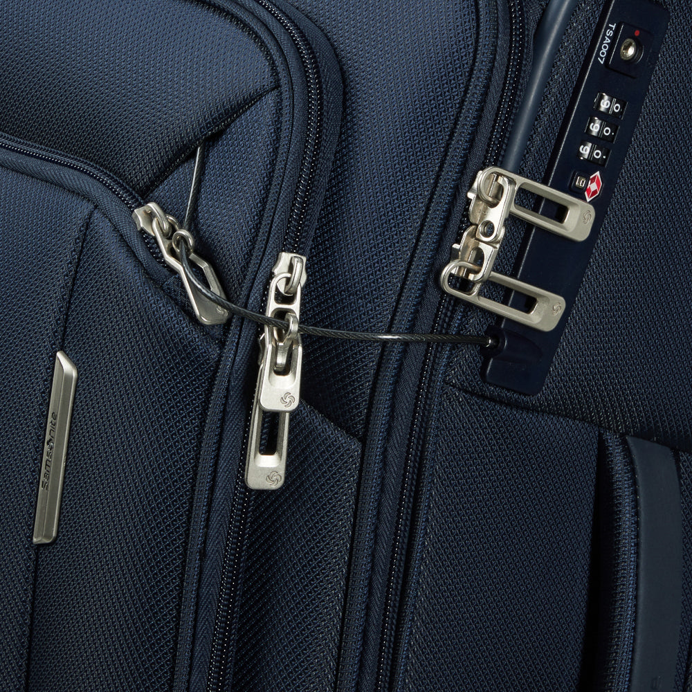 Midnight blue 55cm Samsonite Respark carry-on spinner suitcase with 4 wheels and retractable handle.