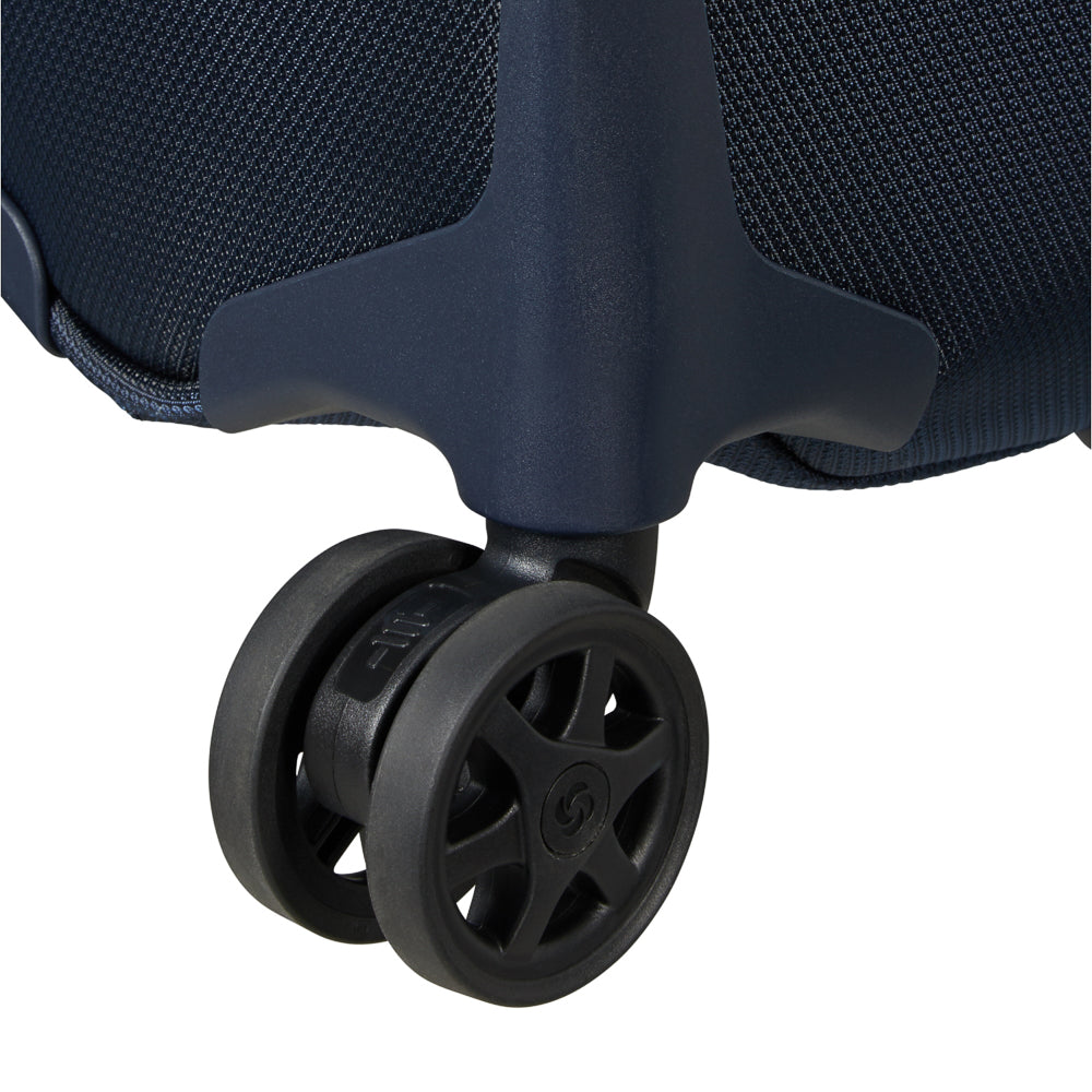 Samsonite Respark 55cm carry on spinner suitcase in midnight blue, featuring wheels and a sturdy handle for easy transport.