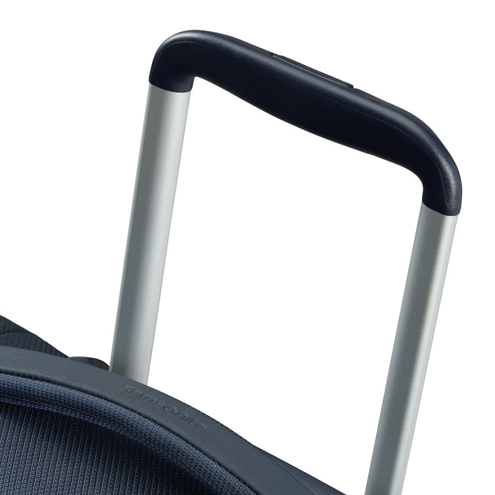 Midnight blue 55cm Samsonite Respark carry-on spinner suitcase with four wheels and a sturdy handle.