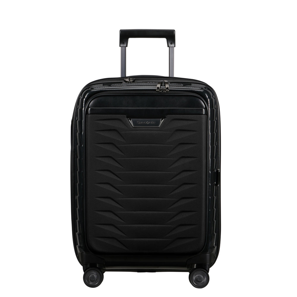 Black 55cm Samsonite Proxis carry-on suitcase with easy access compartments and durable design for cabin luggage.
