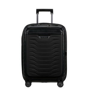 Black 55cm Samsonite Proxis carry-on suitcase with easy access compartments and durable design for cabin luggage.