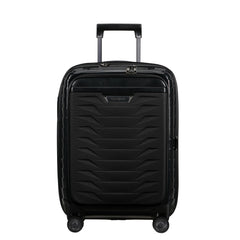 Black 55cm Samsonite Proxis carry-on suitcase with easy access compartments and durable design for cabin luggage.
