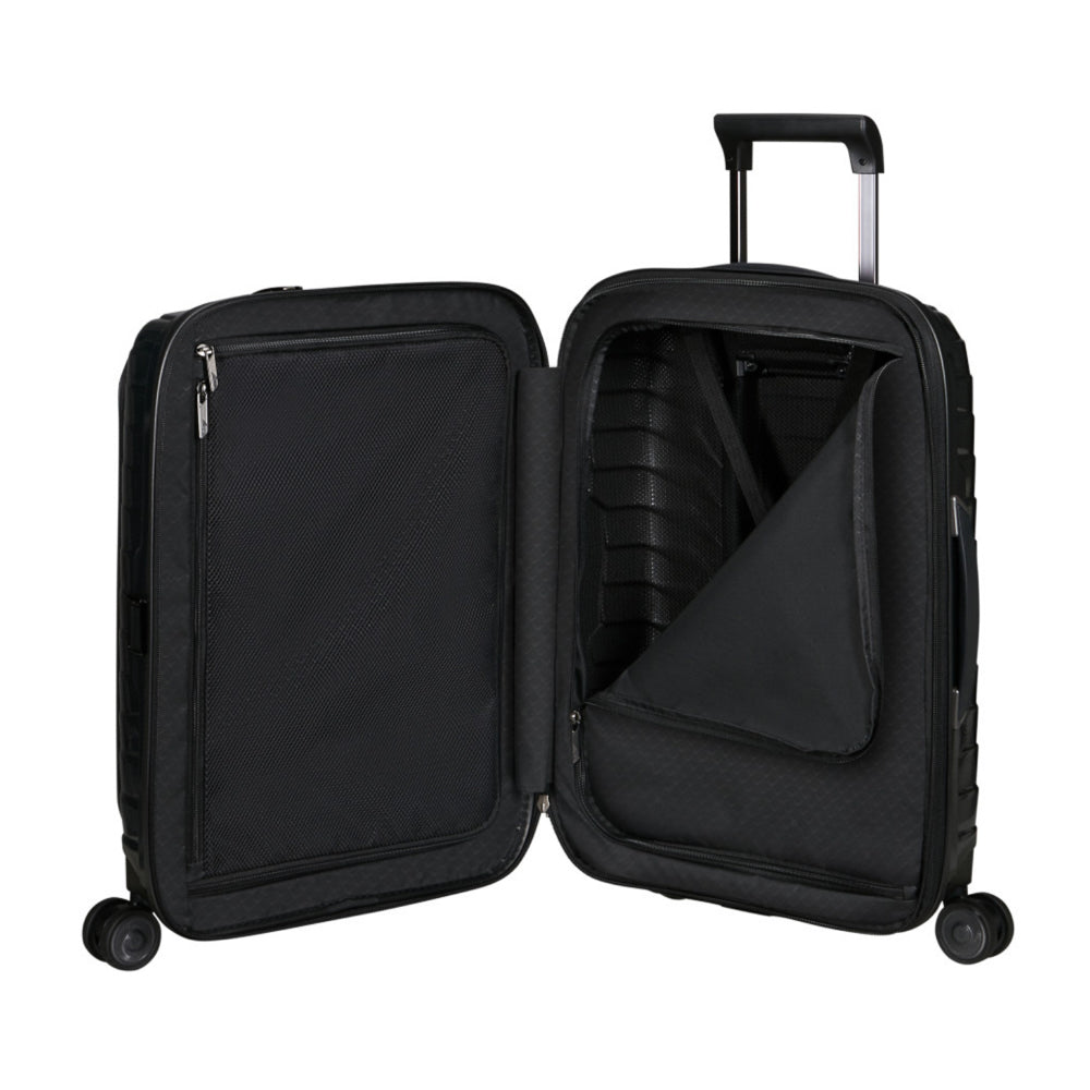 Samsonite Proxis 55cm black carry-on suitcase with easy access, featuring a sleek design and durable exterior.