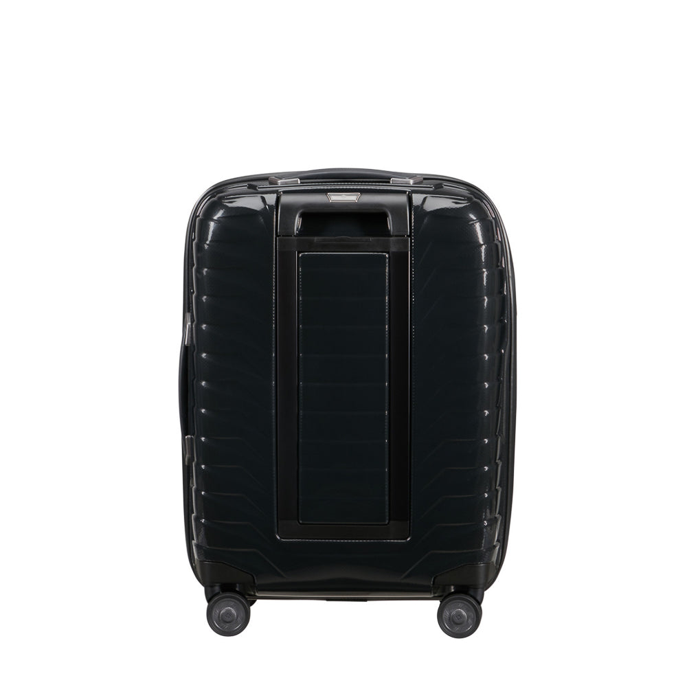 Samsonite Proxis 55cm black carry-on suitcase with easy access zipper and durable design for cabin luggage.