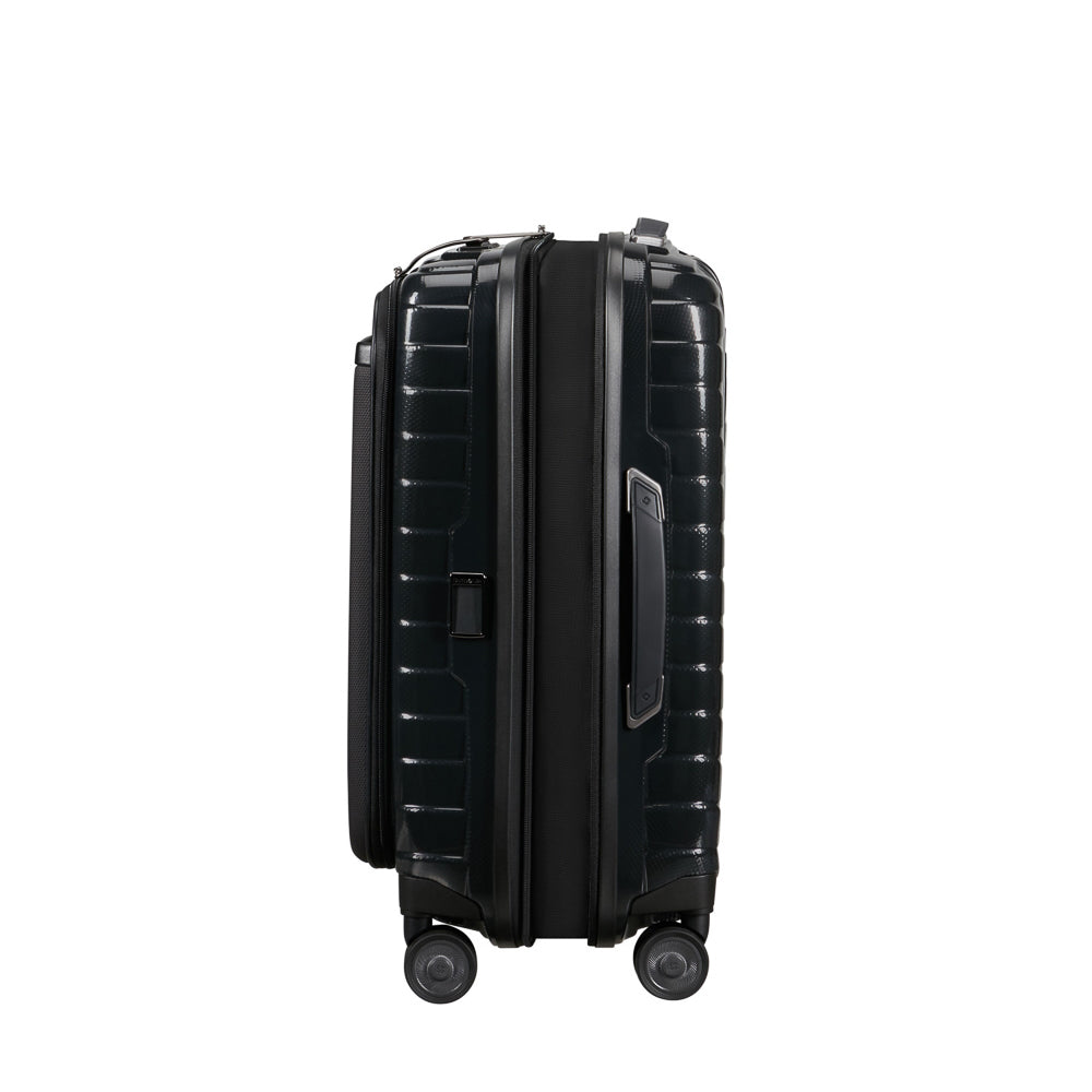 Samsonite Proxis 55cm black carry-on suitcase with easy access compartments and smooth wheels for convenient travel.