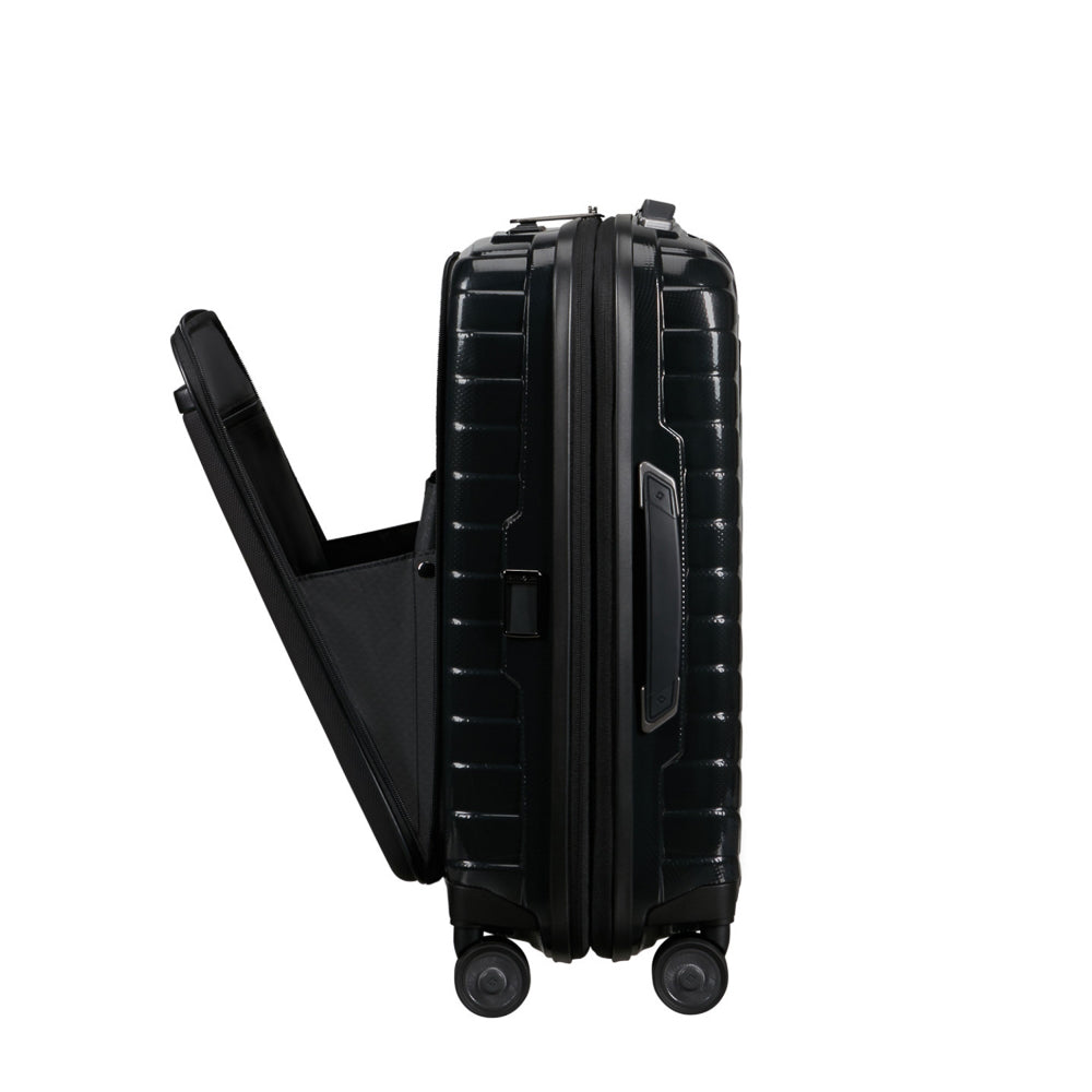 Samsonite Proxis 55cm black cabin luggage suitcase with easy access design and smooth wheels.