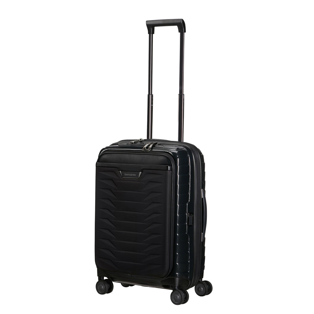 Samsonite Proxis 55cm black carry-on suitcase with easy access compartments, showcasing sleek design and durable material.