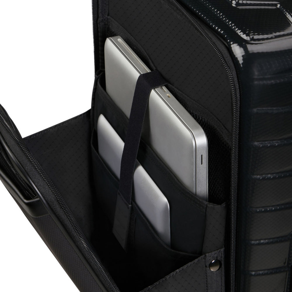 Black 55cm Samsonite Proxis cabin luggage suitcase with easy access compartments and smooth wheels.