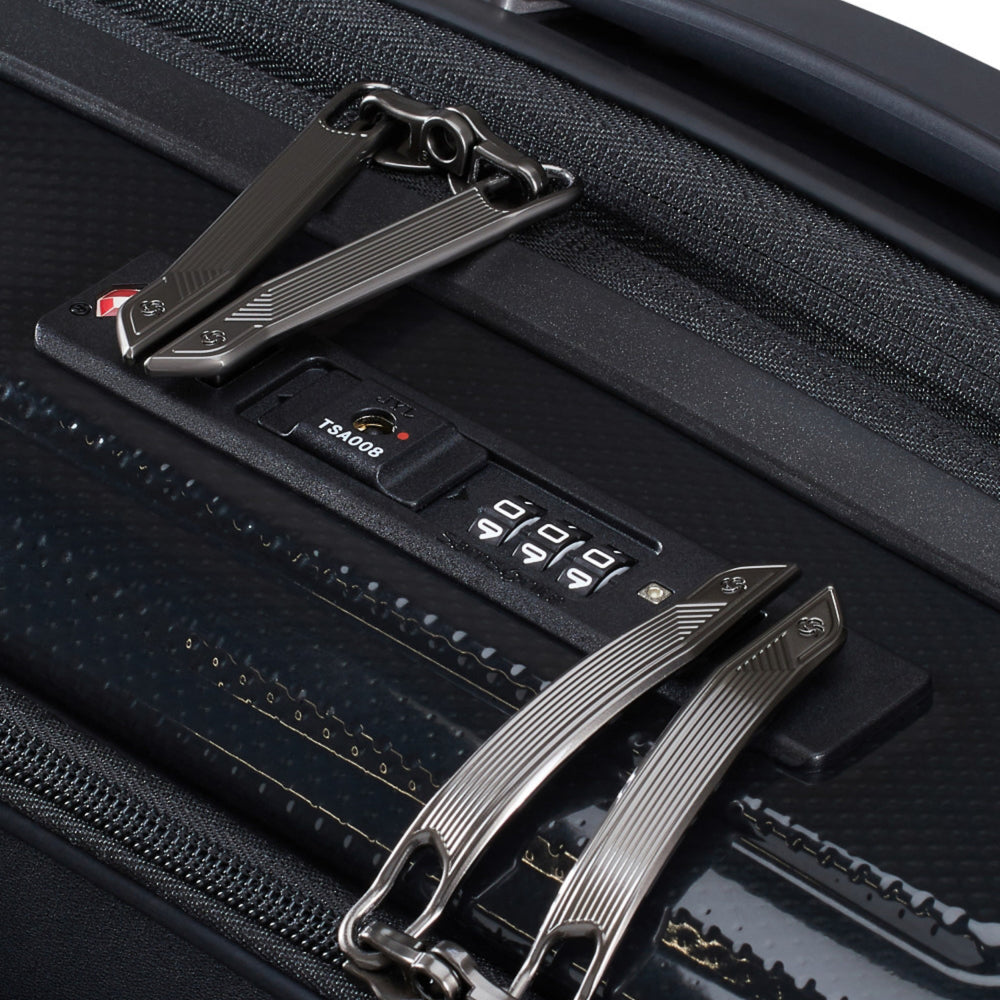 Samsonite Proxis 55cm black carry-on suitcase with easy access design, showcasing wheels and handle features.