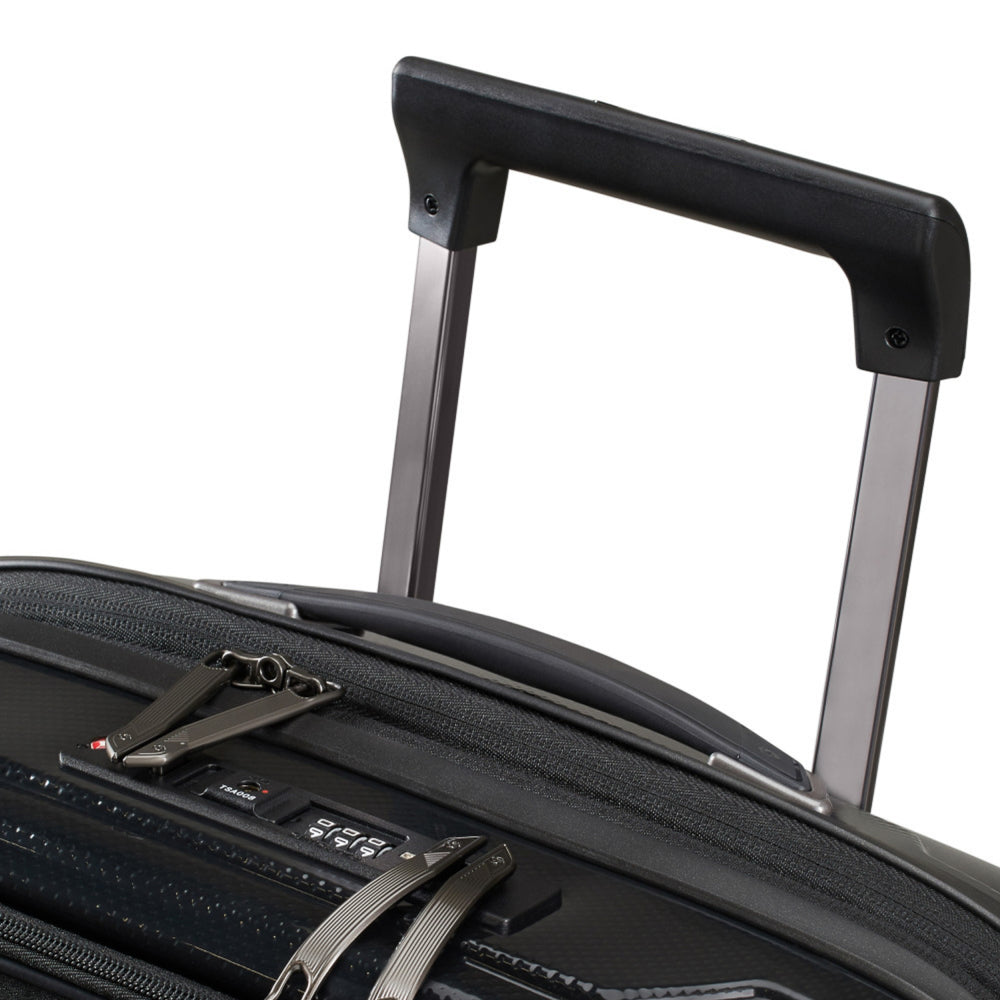 Samsonite Proxis 55cm black carry-on suitcase with easy access compartments and sleek design for cabin travel.