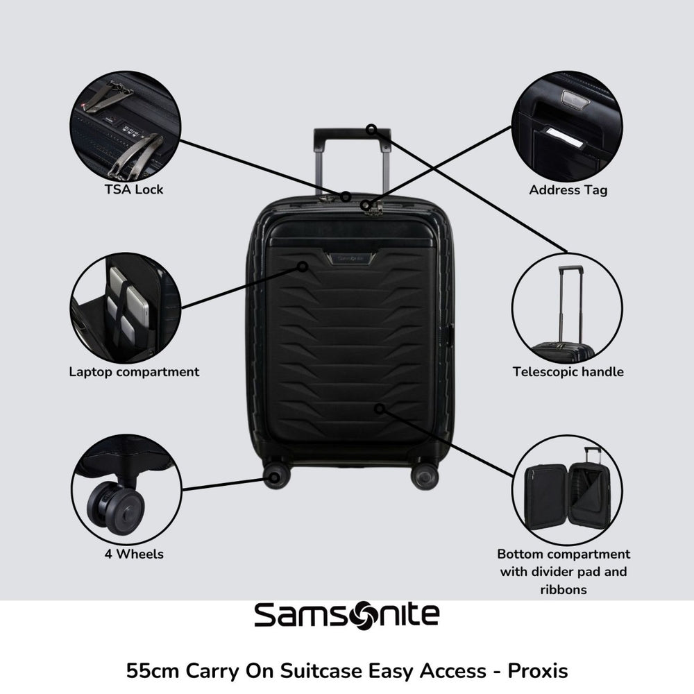 Samsonite Proxis 55cm carry-on suitcase with easy access zipper and sleek design, shown in a travel setting.