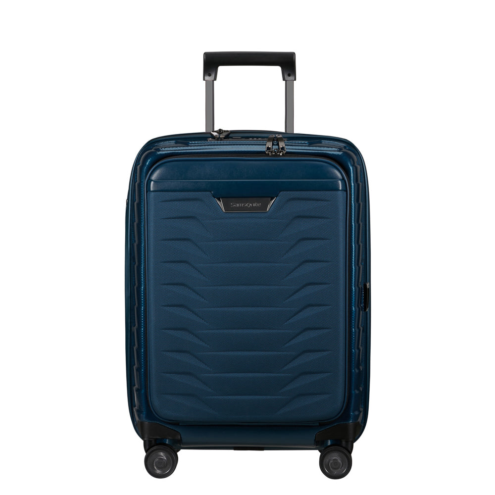 Petrol blue 55cm Samsonite Proxis carry-on suitcase with easy access zippers and durable design.