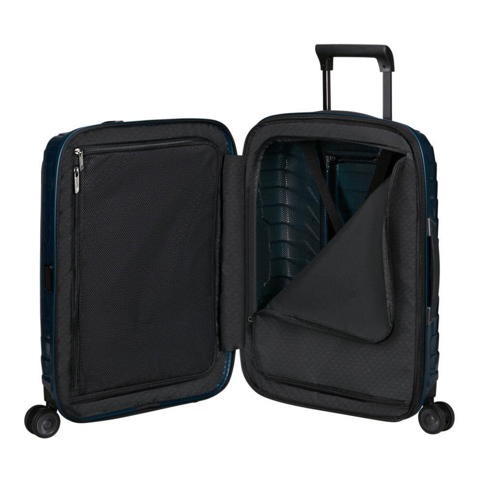 Petrol blue 55cm Samsonite Proxis carry-on suitcase with easy access zipper and sleek design, ideal for cabin luggage.