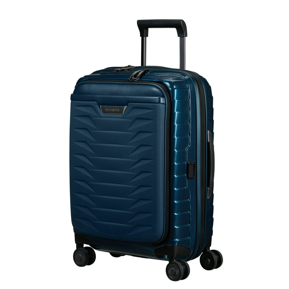 Petrol blue 55cm Samsonite Proxis carry-on suitcase with easy access zipper and sturdy handle for cabin luggage.